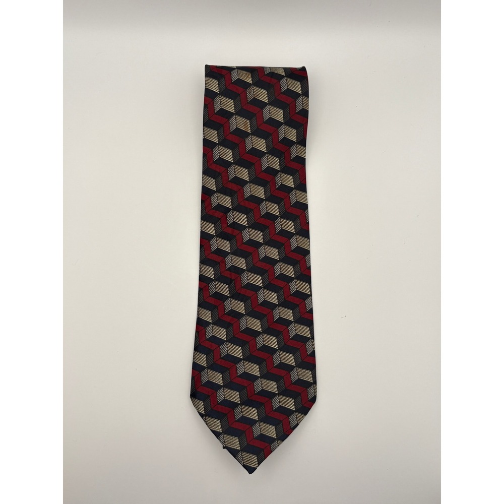 Daniel Ford Hand Made Silk Tie Red Navy Blue‎ Gold Geometric 3D Chevron Pattern
